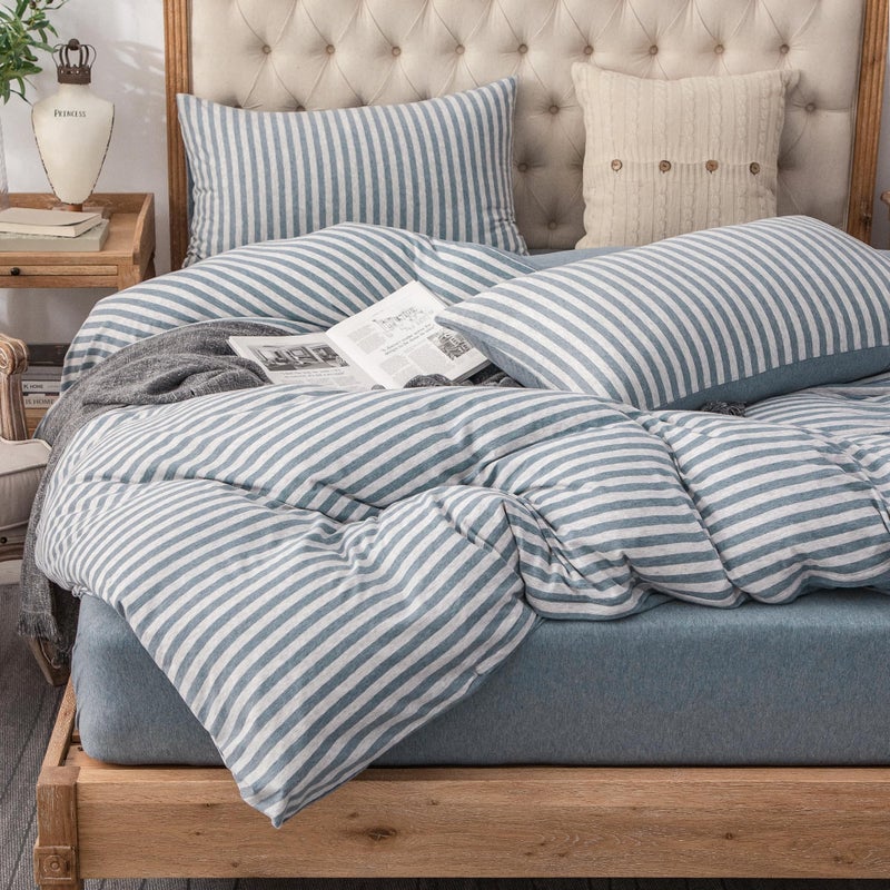 PURE ERA Jersey Knit Duvet Cover Set 100% T-Shirt Heather Cotton Super Soft Comfy Classic Striped Design  with Zipper Closure  Heather Blueish Grey Stripe  Full - Image 1