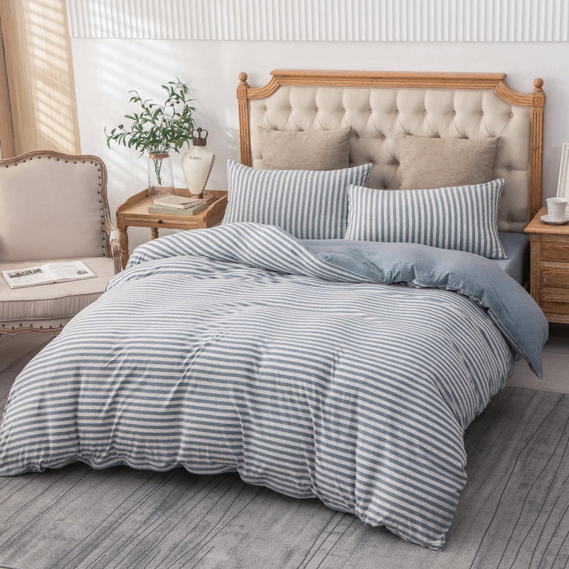 PURE ERA Jersey Knit Duvet Cover Set 100% T-Shirt Heather Cotton Super Soft Comfy Classic Striped Design  with Zipper Closure  Heather Blueish Grey Stripe  Full - Image 5