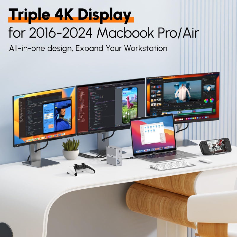 TOBENONE محطة توصيل توبين ون DisplayLink لشاشة ثلاثية مع محول طاقة 120 واط، عرض ثلاثي 4K لجهاز MacBook Pro/Air، Thunderbolt 4/3، USB-C ويندوز (3X HDMI، 3X DisplayPort، 2xUSB-C، 4xUSB 3.2، SD/TF) - Image 3