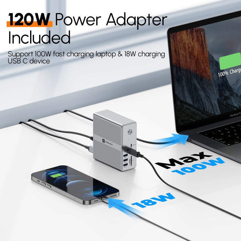 TOBENONE محطة توصيل توبين ون DisplayLink لشاشة ثلاثية مع محول طاقة 120 واط، عرض ثلاثي 4K لجهاز MacBook Pro/Air، Thunderbolt 4/3، USB-C ويندوز (3X HDMI، 3X DisplayPort، 2xUSB-C، 4xUSB 3.2، SD/TF) - Image 5