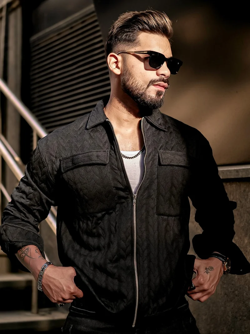 مانياك Maniac Mens Solid Textured Half Sleeve Black Polyester Blend Quilting Jacquard Fabric Shirt