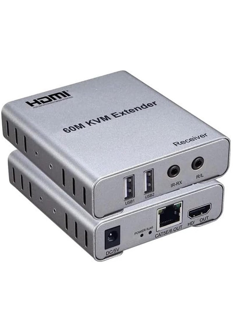 موسع AvvA HDMI KVM بطول 60 مترًا عبر CAT5e/CAT6 - فيديو عالي الدقة 1080 بكسل، ملحق لوحة مفاتيح وماوس USB، مخرج صوت، جهاز تحكم عن بعد بالأشعة تحت الحمراء - مثالي للمنزل أو المكتب أو أنظمة الأمان. - Image 1