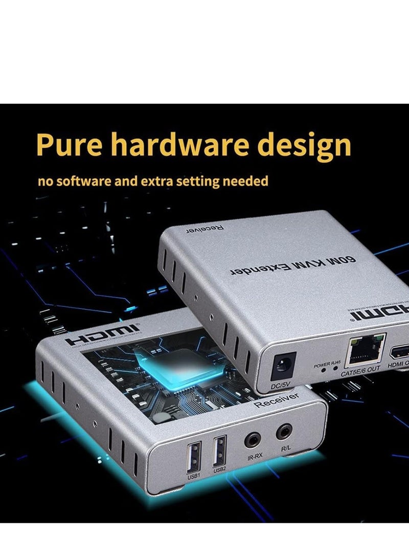 موسع AvvA HDMI KVM بطول 60 مترًا عبر CAT5e/CAT6 - فيديو عالي الدقة 1080 بكسل، ملحق لوحة مفاتيح وماوس USB، مخرج صوت، جهاز تحكم عن بعد بالأشعة تحت الحمراء - مثالي للمنزل أو المكتب أو أنظمة الأمان. - Image 5