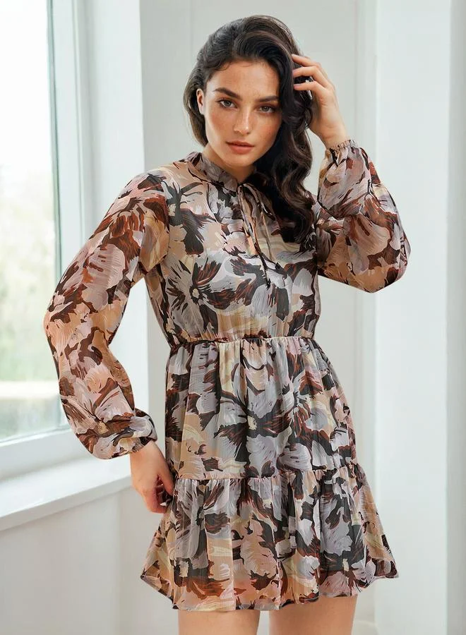 Freehand  Floral Printed Chiffon Mini Dress for Women | Best Price UAE
