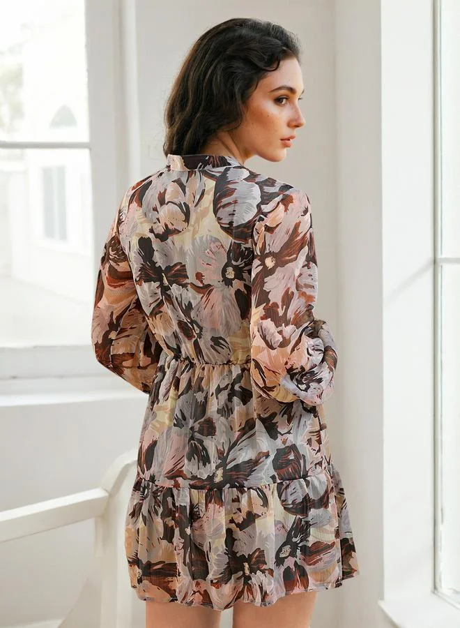 Freehand  Floral Printed Chiffon Mini Dress for Women | Best Price UAE