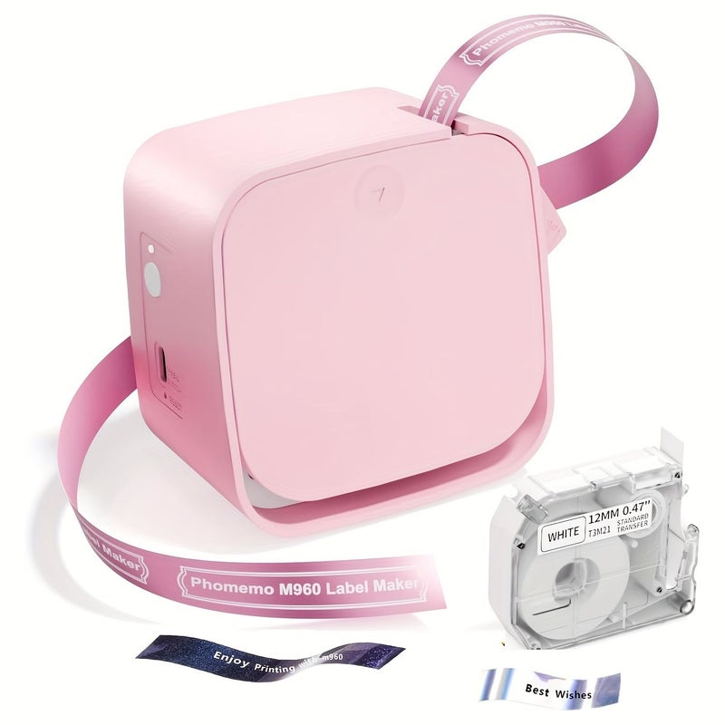 Phomemo M960 Portable Wireless Label Maker Machine Pink Color USB Rechargeable Inkless Thermal Transfer Printer Compatible with Smartphone Tablet for Office - Image 1