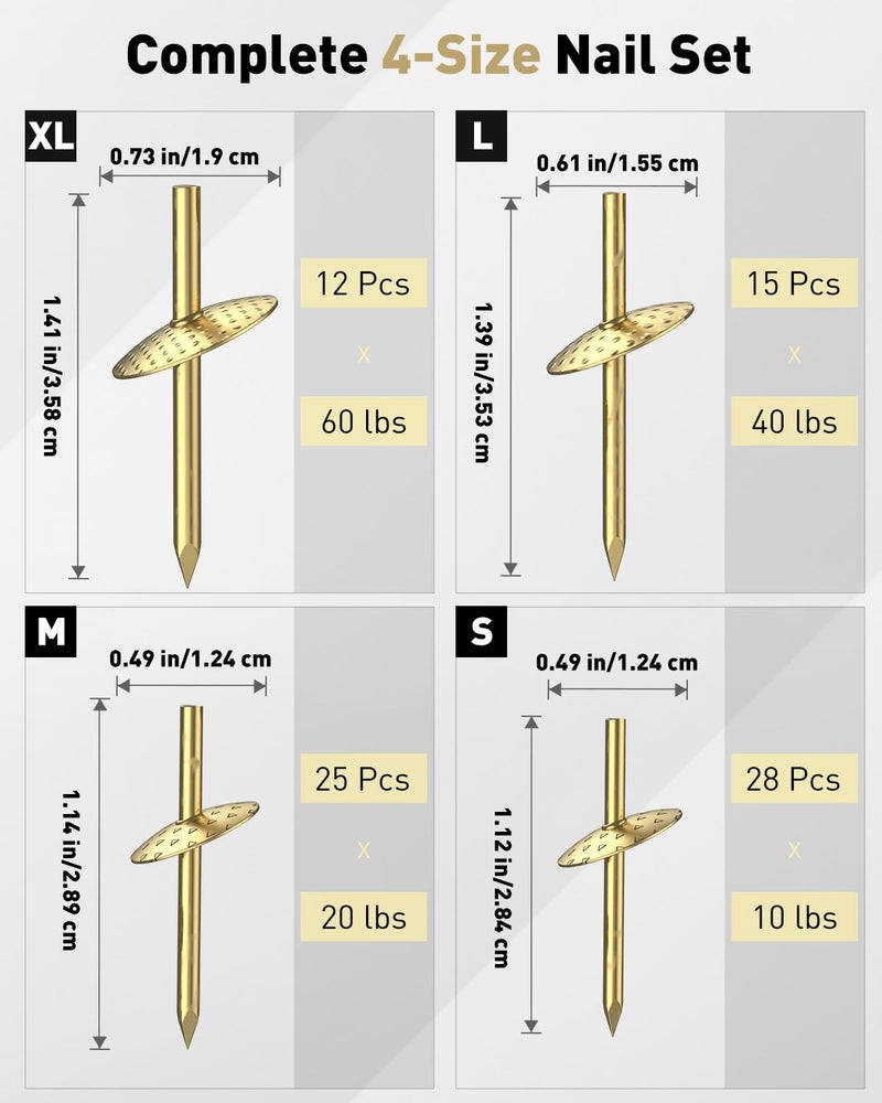 Uniclife 80 Pcs Picture Hangers, Picture Hanging Kit, 4 Size Picture Hanging Hooks, Picture Hanging Nails, Long Picture Hooks for Photo Frame Art Mirror and DÃ©cor, Gold - Image 2
