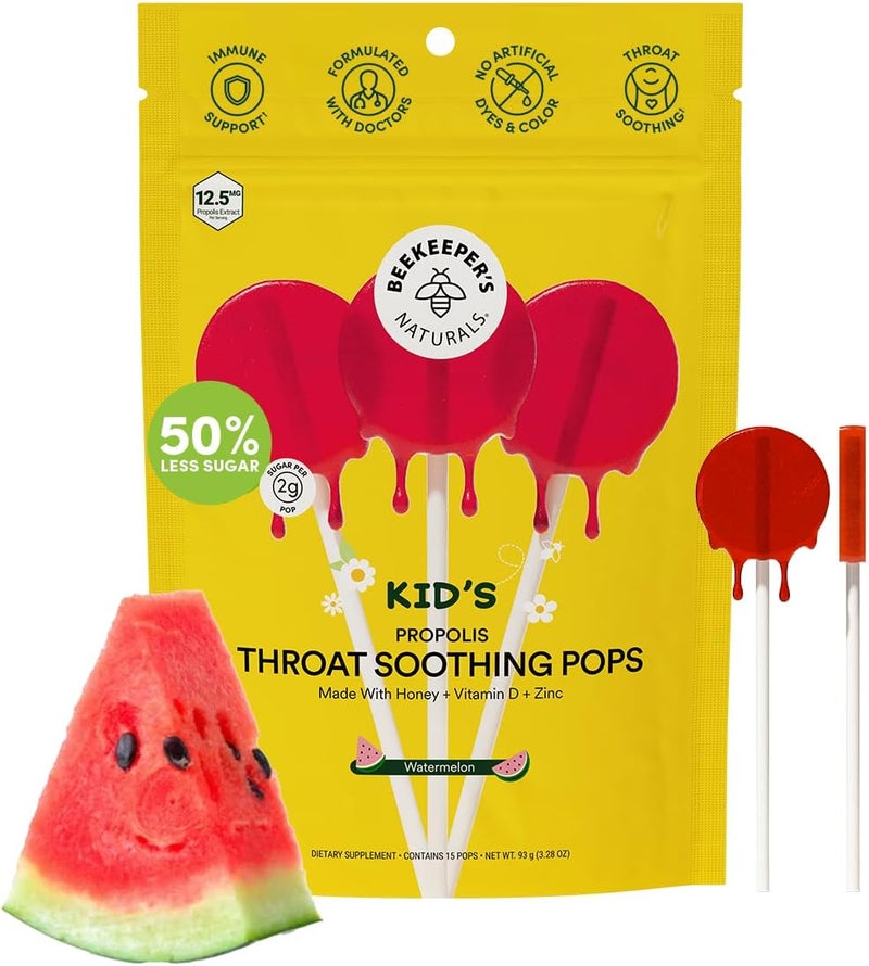 Beekeeper's Naturals Kids Throat Soothing Watermelon Lollipops, by Beekeeper's Naturals - Doctor Formulated Immune Support, under 2g Sugar, Vitamin D & Honey, 15 ct 