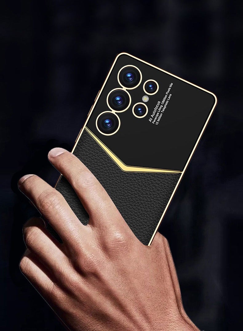 general Case for Samsung Galaxy S25 Ultra, Shiny Plating Gold Edges Leather Cover Anti -Fall Camera Protection Case - Image 2