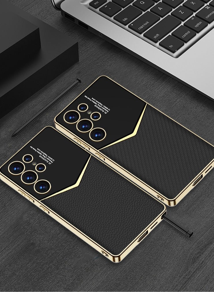 general Case for Samsung Galaxy S25 Ultra, Shiny Plating Gold Edges Leather Cover Anti -Fall Camera Protection Case - Image 3