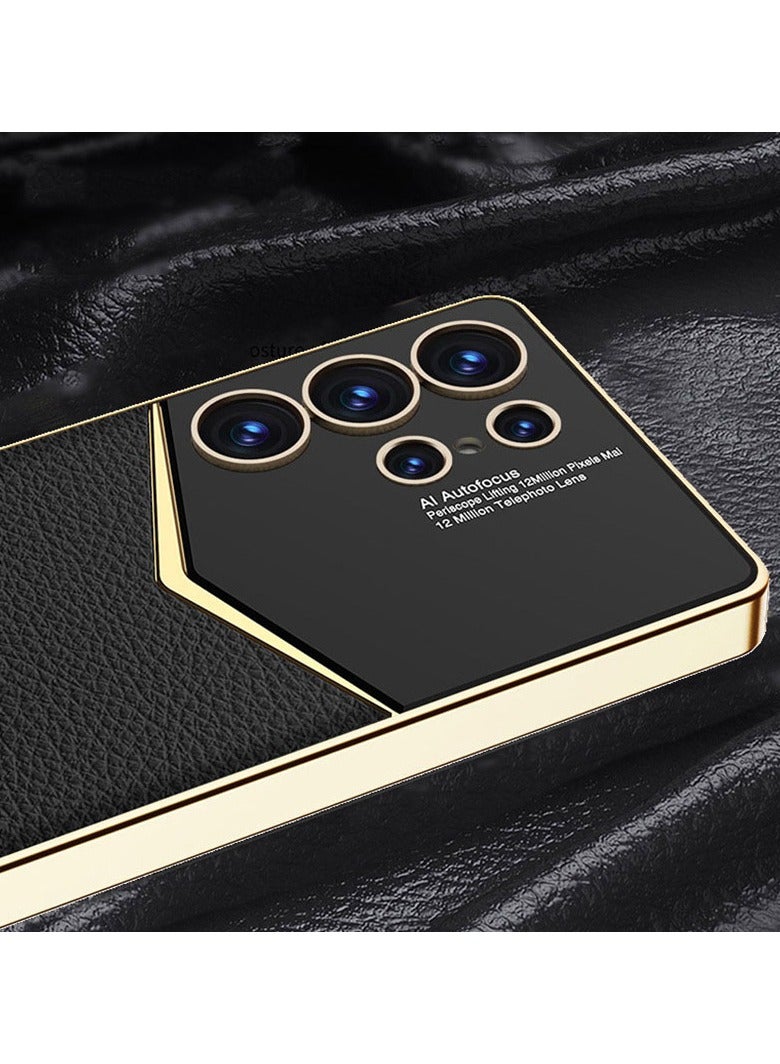 general Case for Samsung Galaxy S25 Ultra, Shiny Plating Gold Edges Leather Cover Anti -Fall Camera Protection Case - Image 4