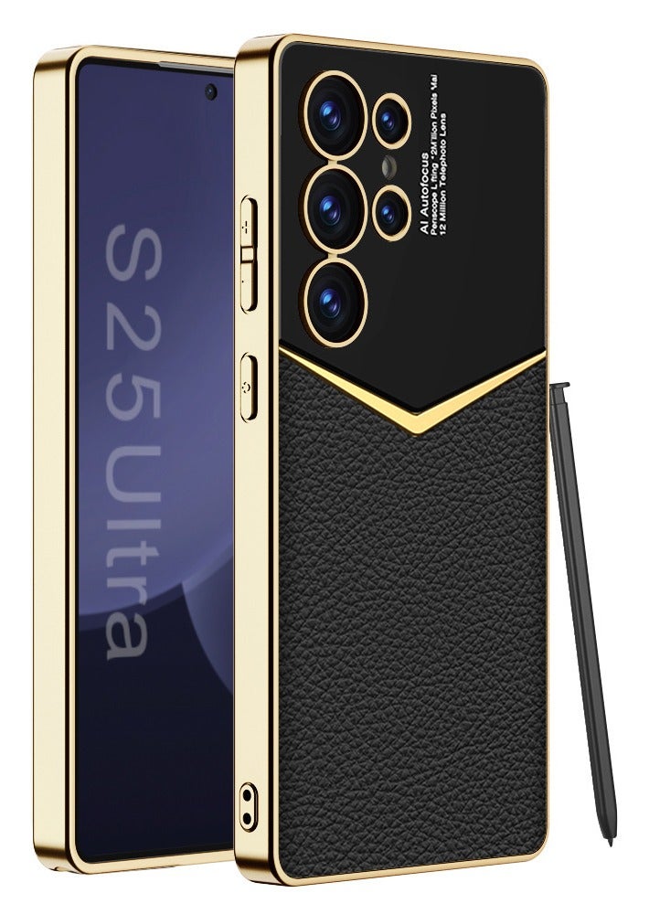 general Case for Samsung Galaxy S25 Ultra, Shiny Plating Gold Edges Leather Cover Anti -Fall Camera Protection Case - Image 1