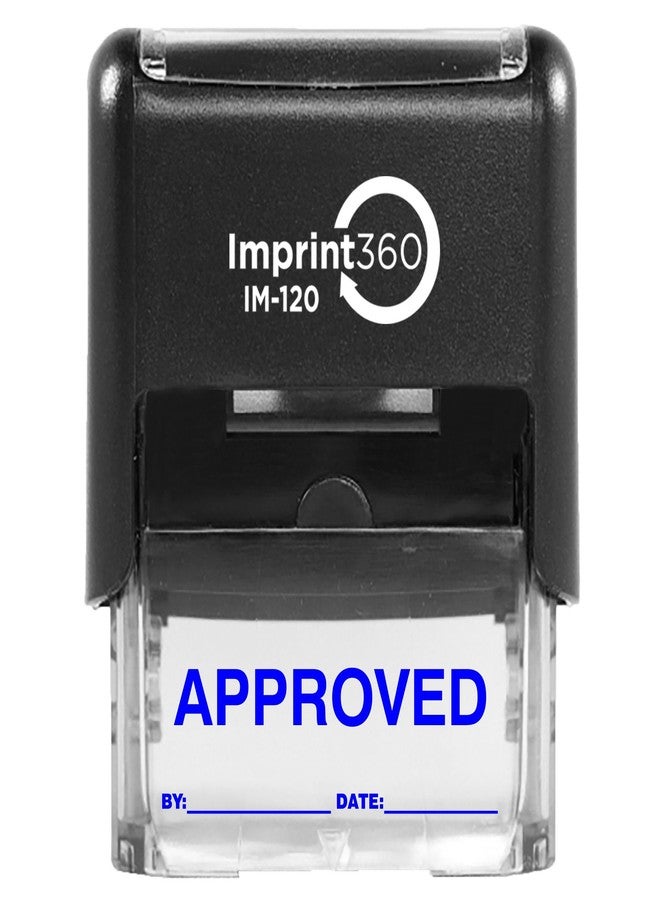 Supply360 AS-IMP1102B - APPROVED Stamp with By: & Date:, Blue ink, Heavy Duty Commerical Self-Inking Rubber Stamp, 9/16" x 1-1/2" Impression - Image 1