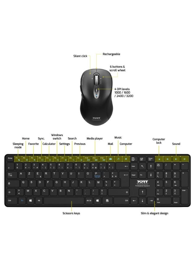 PORT Designs Bluetooth wireless  Rechargeable Azerty keyboard and mouse Ultra Slim. ON/OFF switch and automatic watch mode to improve battery life. Long life of the battery up to 2 months. LED indicator for low battery. - Image 3
