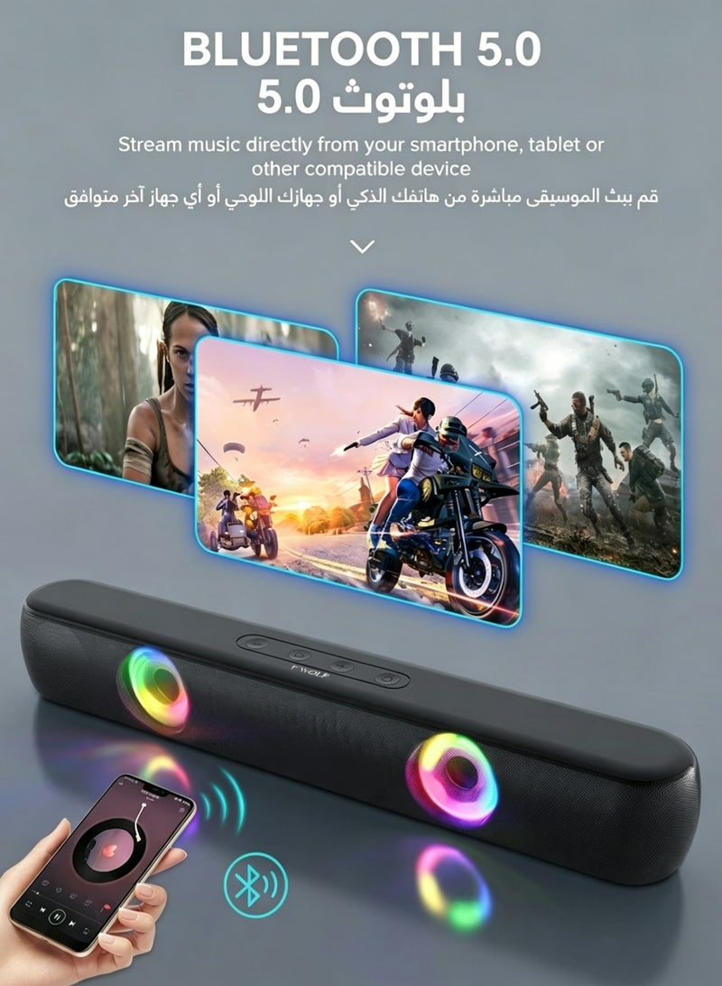 T-WOLF Wireless Bluetooth Soundbar with Dynamic RGB Light, Rechargeable Portable Desktop Speaker with TWS Stereo Sound, FM Radio for PC Phone - Image 5
