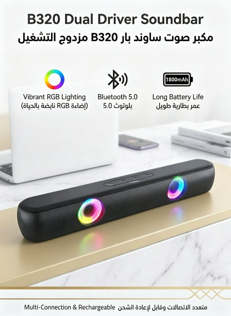 T-WOLF Wireless Bluetooth Soundbar with Dynamic RGB Light, Rechargeable Portable Desktop Speaker with TWS Stereo Sound, FM Radio for PC Phone - Image 1