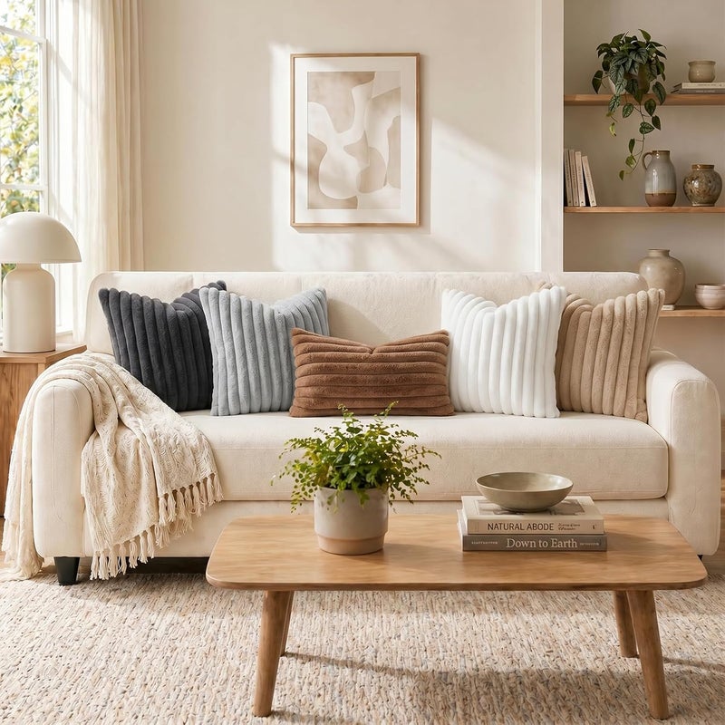Pallene Faux Fur Plush Lumbar Throw Pillow Covers 12x20 Set of 2, Luxury Soft Fluffy Striped Decorative Pillow Covers for Sofa, Couch, Living Room, White - Image 5