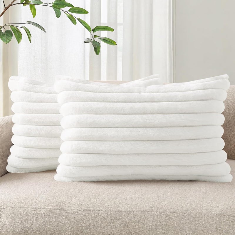 Pallene Faux Fur Plush Lumbar Throw Pillow Covers 12x20 Set of 2, Luxury Soft Fluffy Striped Decorative Pillow Covers for Sofa, Couch, Living Room, White - Image 1
