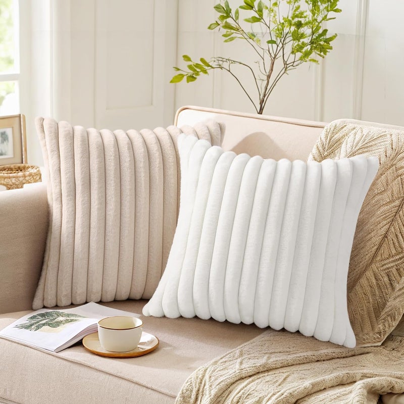 Pallene Faux Fur Plush Lumbar Throw Pillow Covers 12x20 Set of 2, Luxury Soft Fluffy Striped Decorative Pillow Covers for Sofa, Couch, Living Room, White - Image 3