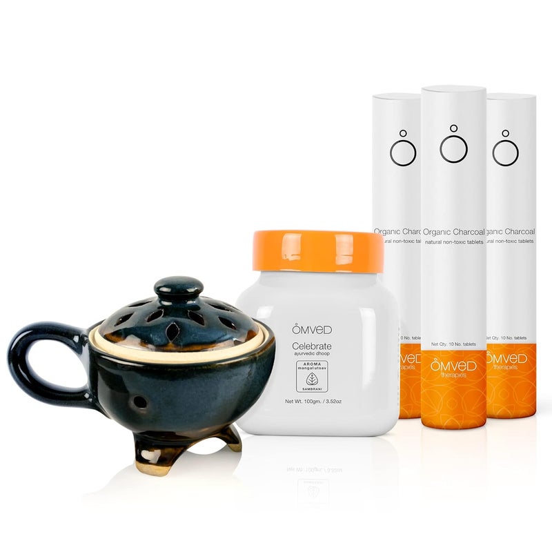 Omved Omved Festive Special Bundle Set with Celebrate Ayurvedic Dhoop, Dhoop Charcoal-Pack of 30 and Ceramic Tribal Dhoopdan - Image 1