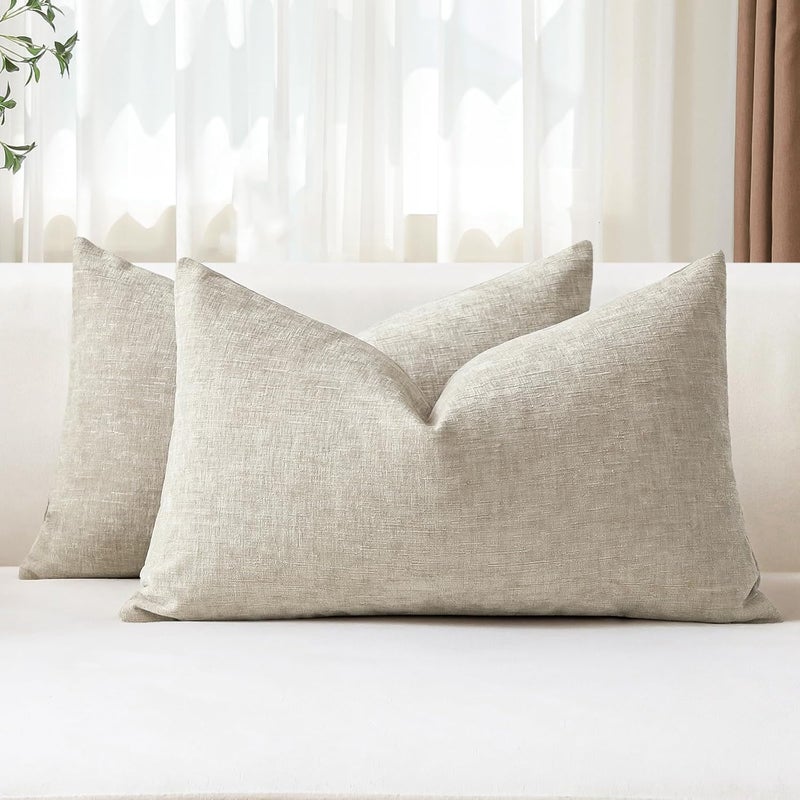 JOTOM Set of 2 Cushion Covers 30x50 cm Soft Chenille Beige Decorative Throw Pillow Covers 12x20 Inch Lumbar Cushion Case Solid Pillowcases for Couch Sofa Living Room Bed Home Decor (Beige) - Image 1
