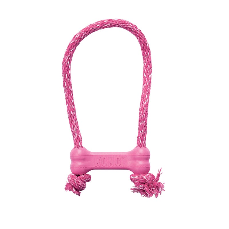 KONG Puppy Goodie Bone with Rope - Natural Rubber Bone with Cotton Rope - Teeth Cleaning Chew Toy for Growing Puppies - for XS Puppies - Pink - Image 1