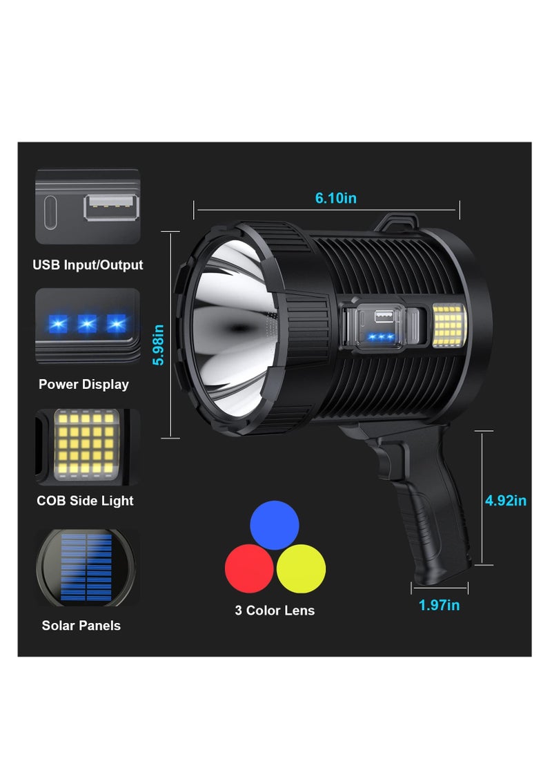 SYOSI Rechargeable Spotlight, 100000 Lumens Led Spot Lights Handheld Large Flashlight Super Bright Outdoor Solar Spotlights Searchlight with Cob Light, 6 Modes, IPX5 Waterproof (Black)  - Image 3
