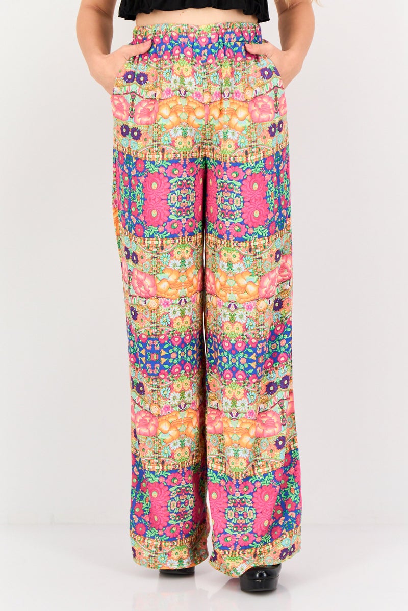 FOREVER 21 سروال نسائي بقصة عادية وطباعة شاملة بأرجل واسعة، متعدد الألوان - Image 1