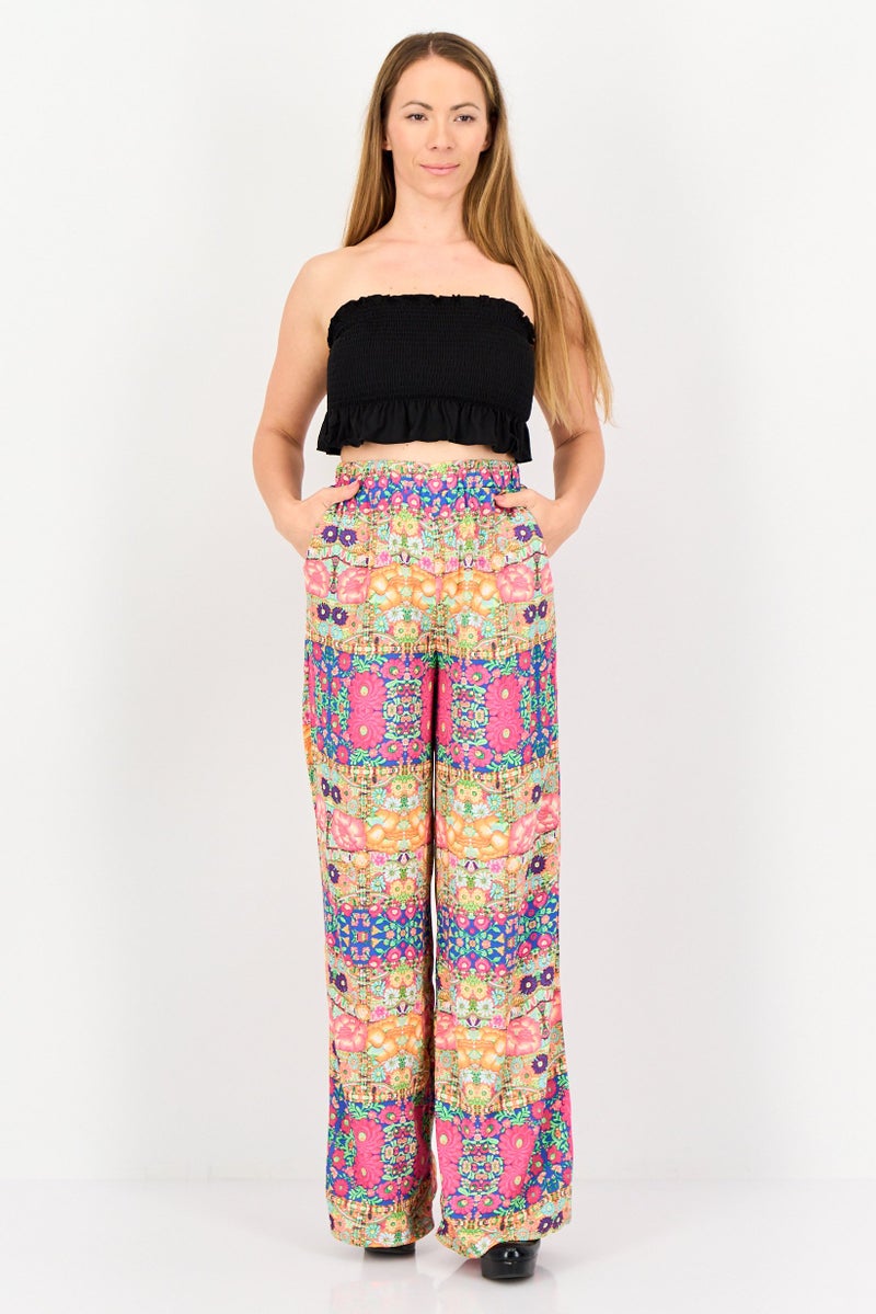 FOREVER 21 سروال نسائي بقصة عادية وطباعة شاملة بأرجل واسعة، متعدد الألوان - Image 4