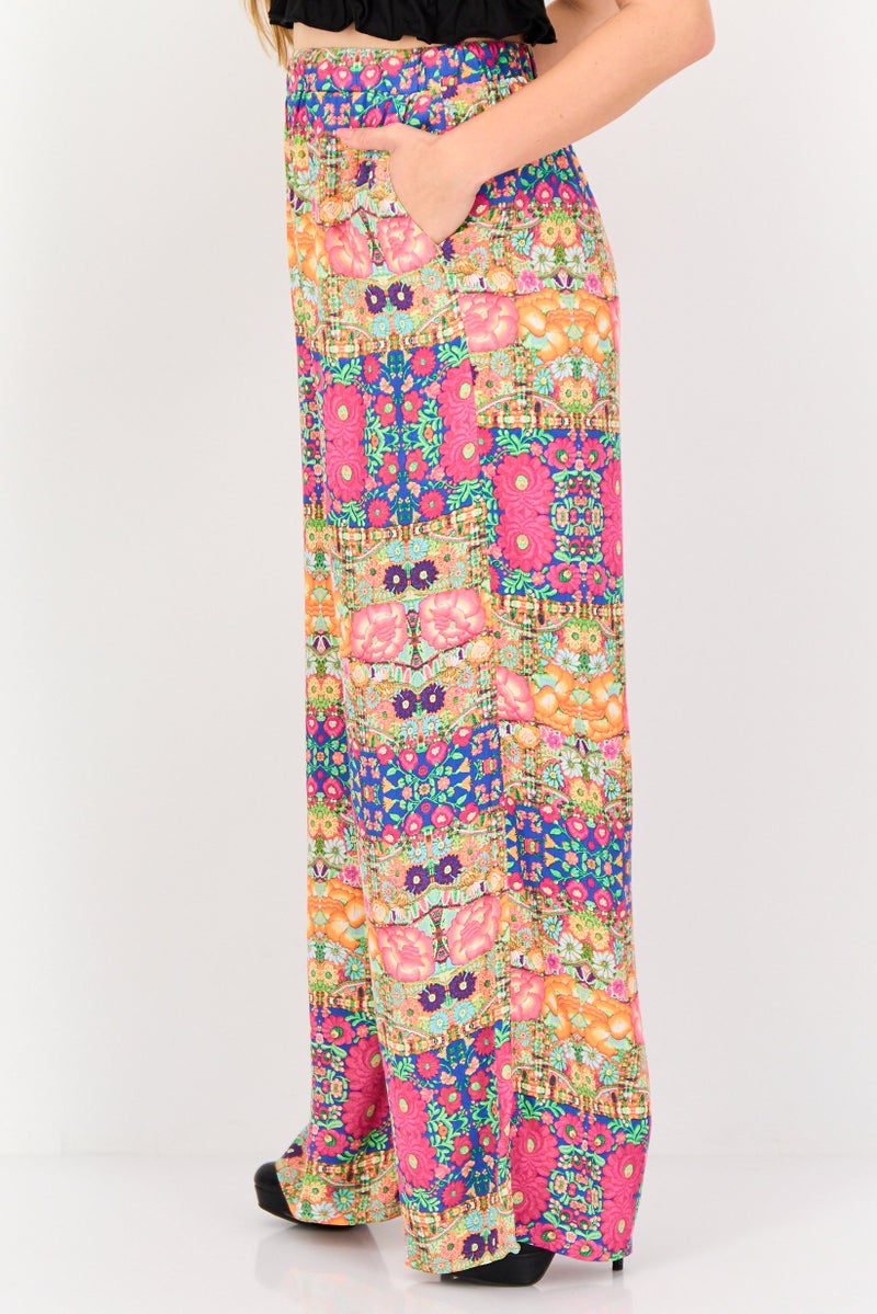 FOREVER 21 سروال نسائي بقصة عادية وطباعة شاملة بأرجل واسعة، متعدد الألوان - Image 2