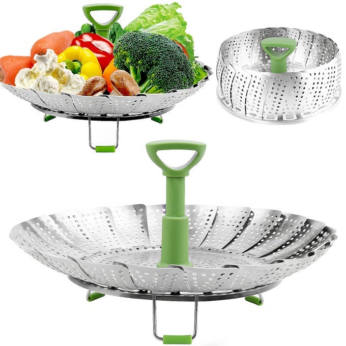 VEGETABLE STEAMER BASKET FOR COOKING FOOD STAINLESS STEEL VEGGIE STEAM BASKET FOR POT FOLDING EXPANDABLE STEAMING INSERT WITH EXTENDABLE HANDLE FITS VARIOUS SIZE POT 64 TO 10