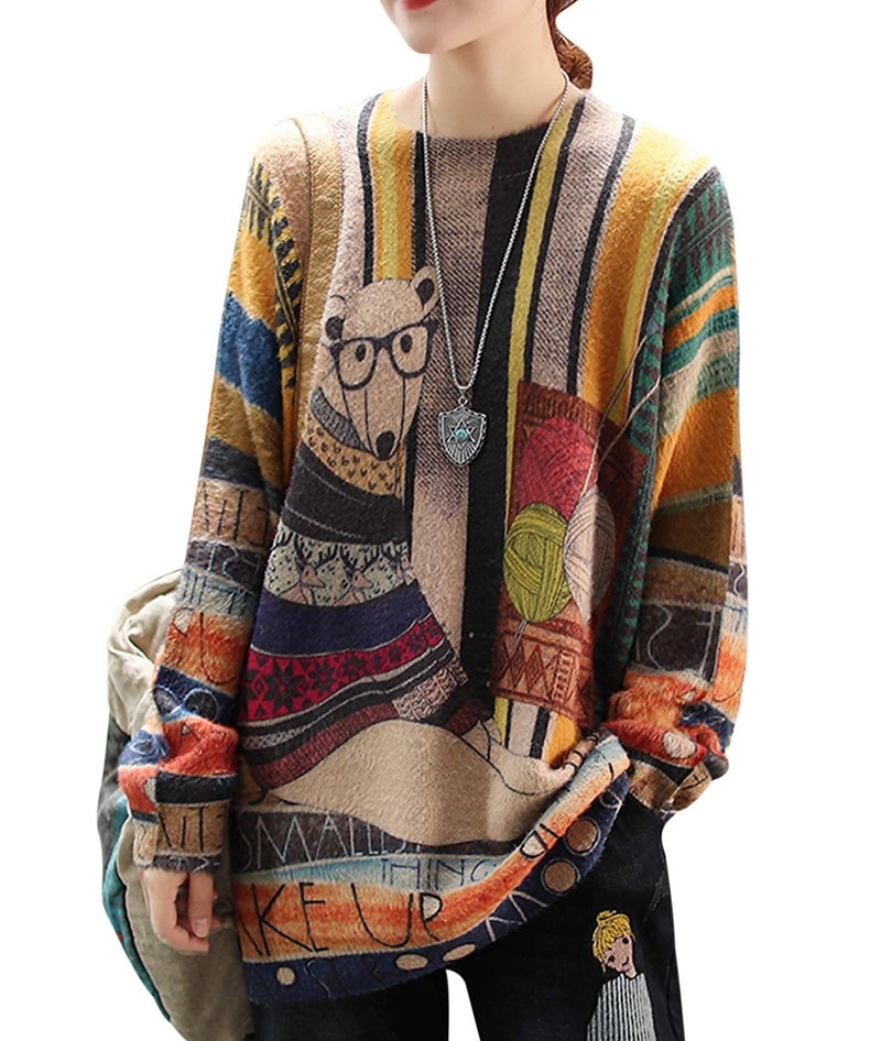 YESNO Women Sweater Graphic Oversized Pullover Sweaters Casual Loose Long Sleeve Knit Tops S S01 CR31