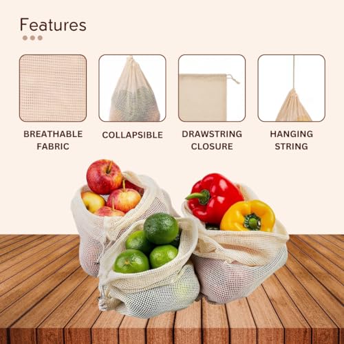 GREENTWISH 100% Cotton Mesh Net Vegetable Fruit Fridge Bag | Eco-friendly Natural White Washable Reusable Drawstring Zip Bags For Food Storage | Multipurpose Kitchen Organizer Grocery Bags (Pack of 6) - Image 3