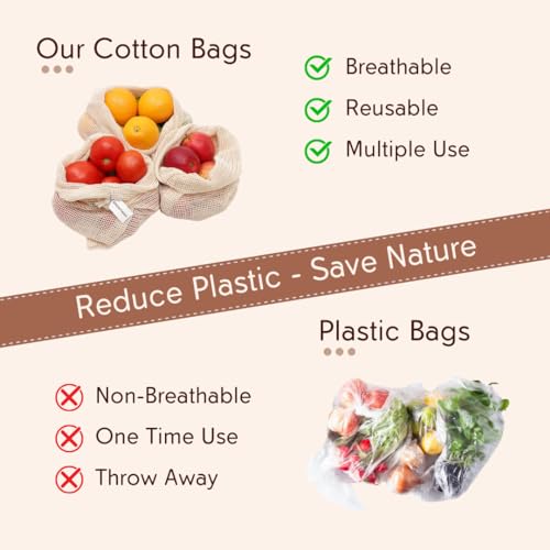 GREENTWISH 100% Cotton Mesh Net Vegetable Fruit Fridge Bag | Eco-friendly Natural White Washable Reusable Drawstring Zip Bags For Food Storage | Multipurpose Kitchen Organizer Grocery Bags (Pack of 6) - Image 5
