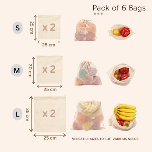 GREENTWISH 100% Cotton Mesh Net Vegetable Fruit Fridge Bag | Eco-friendly Natural White Washable Reusable Drawstring Zip Bags For Food Storage | Multipurpose Kitchen Organizer Grocery Bags (Pack of 6) - Image 2