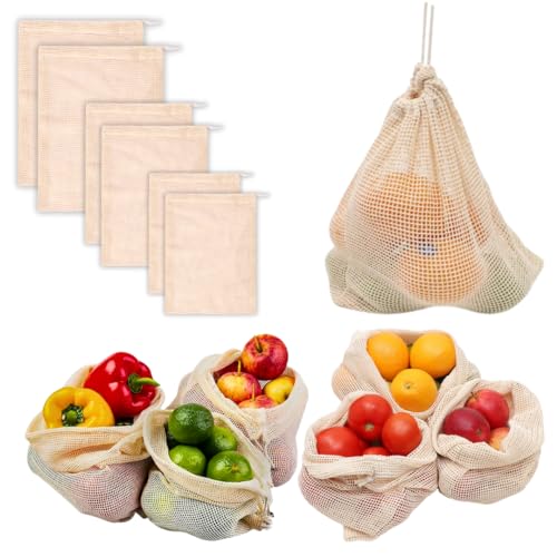 GREENTWISH 100% Cotton Mesh Net Vegetable Fruit Fridge Bag | Eco-friendly Natural White Washable Reusable Drawstring Zip Bags For Food Storage | Multipurpose Kitchen Organizer Grocery Bags (Pack of 6) - Image 1