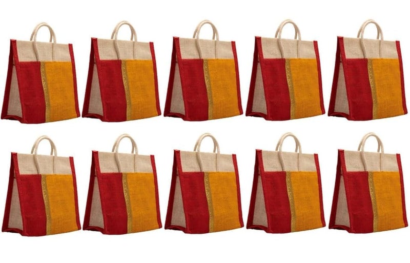 Soman Jute Thamboolam Bags for return gifts Golden Yellow and Red combo - Set of 10 - Image 1