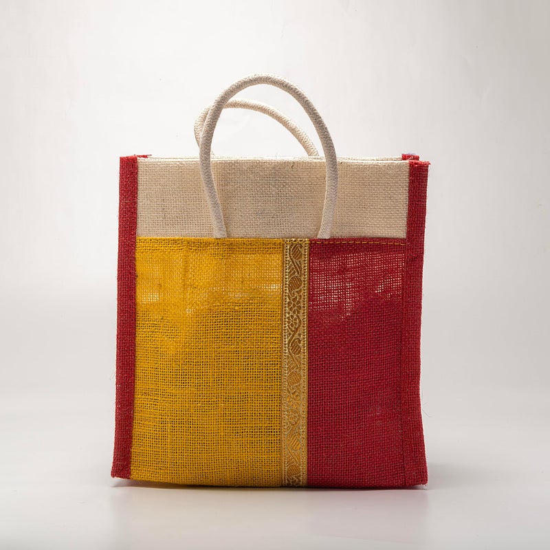 Soman Jute Thamboolam Bags for return gifts Golden Yellow and Red combo - Set of 10 - Image 4