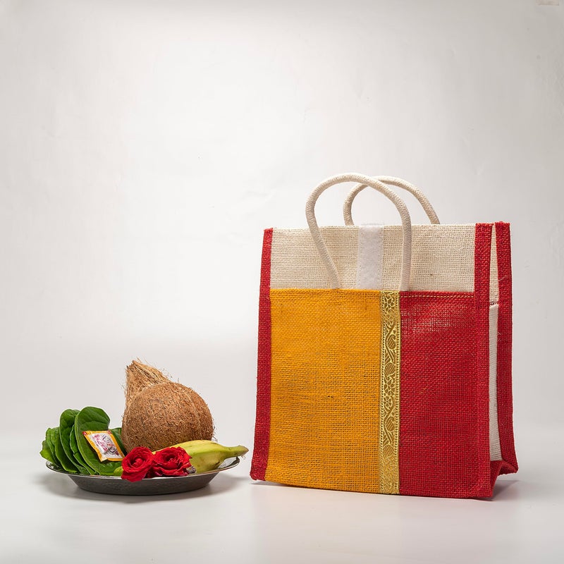Soman Jute Thamboolam Bags for return gifts Golden Yellow and Red combo - Set of 10 - Image 2