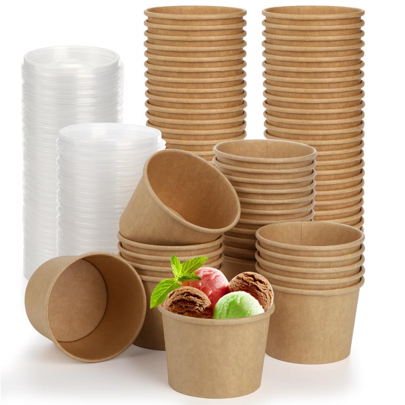 Lyellfe 100 Pack Disposable Paper Bowls with Lids 8 Oz Heavy Duty Kraft Paper Bowl To Go Soup Container Dessert Cups for Ice Cream Yogurt Cold and Hot