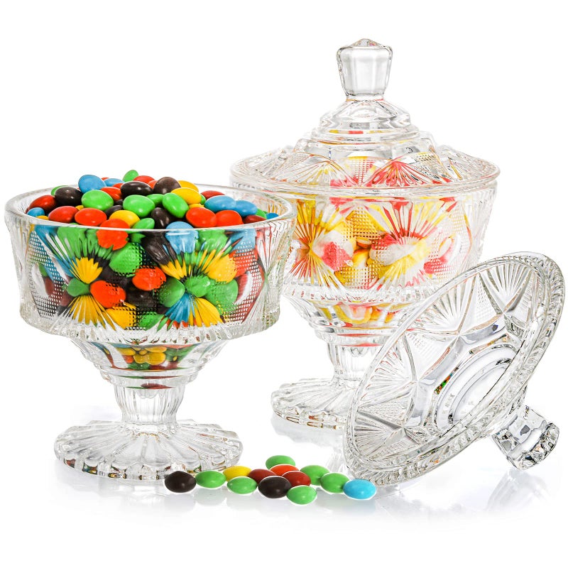 Frcctre 2 Pack Glass Candy Dish with Lid 15 Oz Crystal Candy Bowl Cookie Jar Decorative Apothecary Jar for Party Candy Buffet Wedding Christmas Home