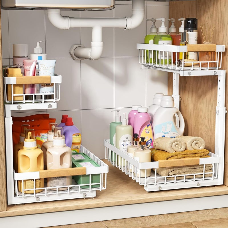 PXRACK 2 Pack Under Sink OrganizerAdjustable Height2 Tier Pull Out Under Cabinet OrganizerSlide Out Thickened Metal Under Sink Storage for Kitchen Bathroom Laundry Cabinet PantryWhiteS