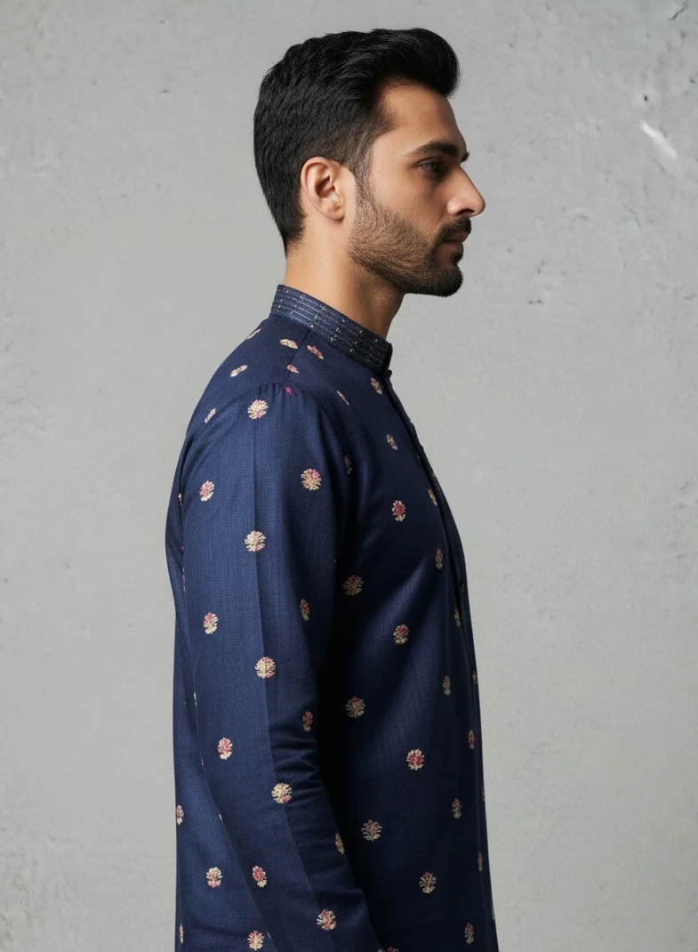 Lehar  Navy Blue Embroidered Kurta Set for Men | Best Price UAE