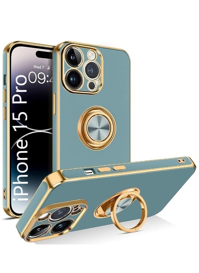YoYoTech iPhone 15 Pro Soft Silicon Shockproof Luxury Gold Lining Case Rotatable Magnetic Ring Holder Kickstand Cover Full Camera Protection.(Grey)  - Image 1