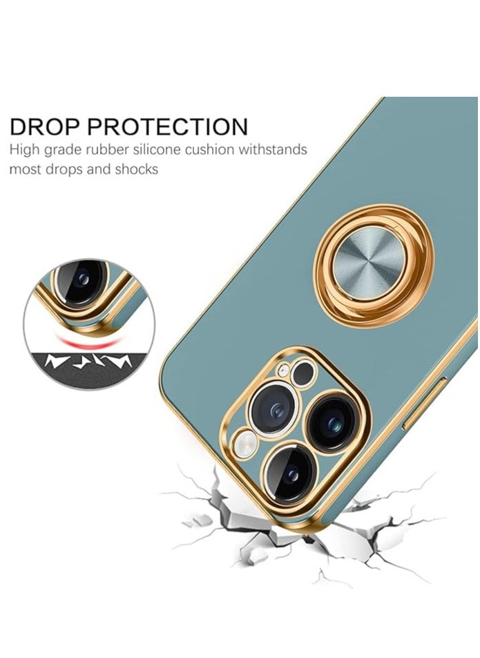 YoYoTech iPhone 15 Pro Soft Silicon Shockproof Luxury Gold Lining Case Rotatable Magnetic Ring Holder Kickstand Cover Full Camera Protection.(Grey)  - Image 5