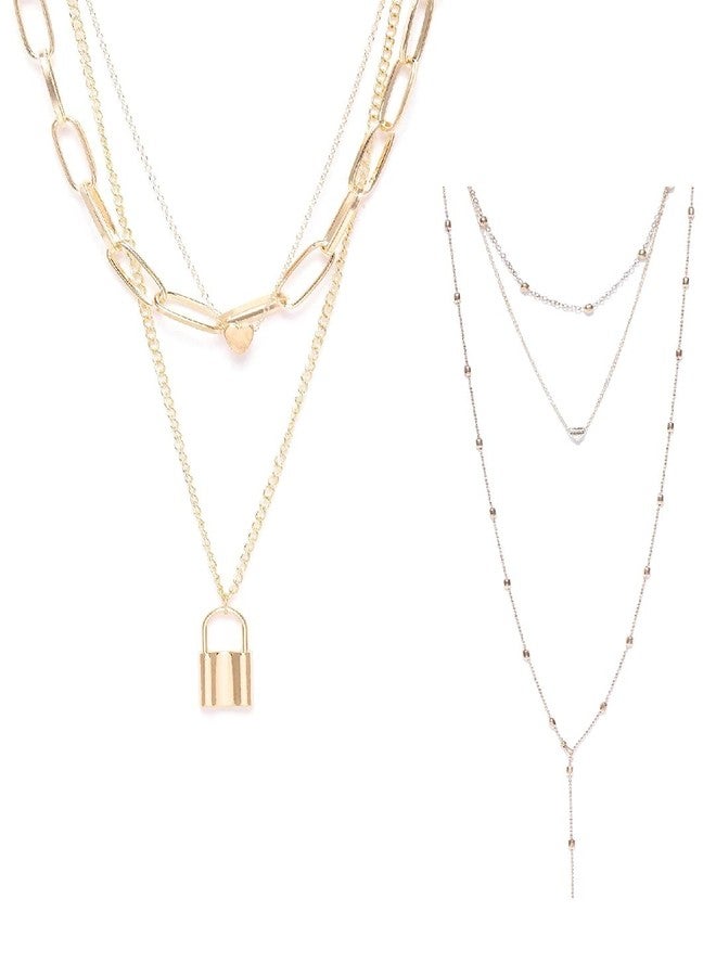 OOMPHelicious Jewellery Set of 2 Gold Tone Link Chain Heart & Lock Multi Layer Necklaces for Women & Girls - Image 1