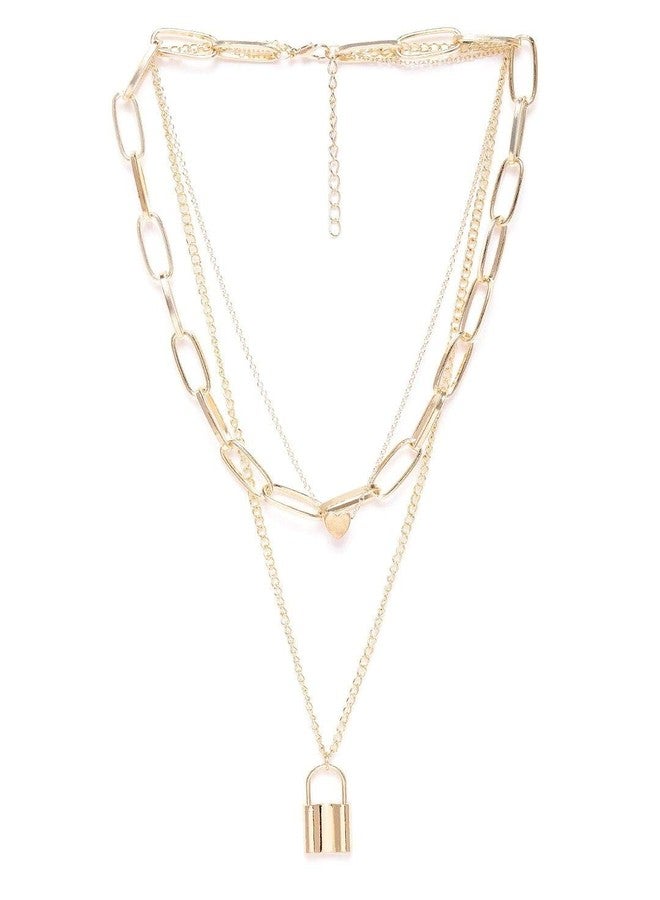 OOMPHelicious Jewellery Set of 2 Gold Tone Link Chain Heart & Lock Multi Layer Necklaces for Women & Girls - Image 2