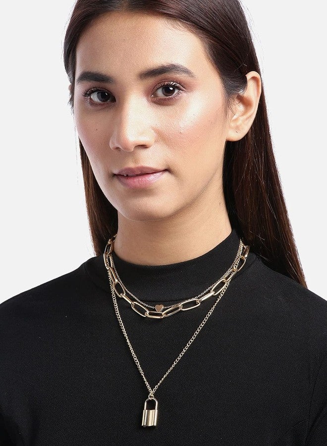 OOMPHelicious Jewellery Set of 2 Gold Tone Link Chain Heart & Lock Multi Layer Necklaces for Women & Girls - Image 4