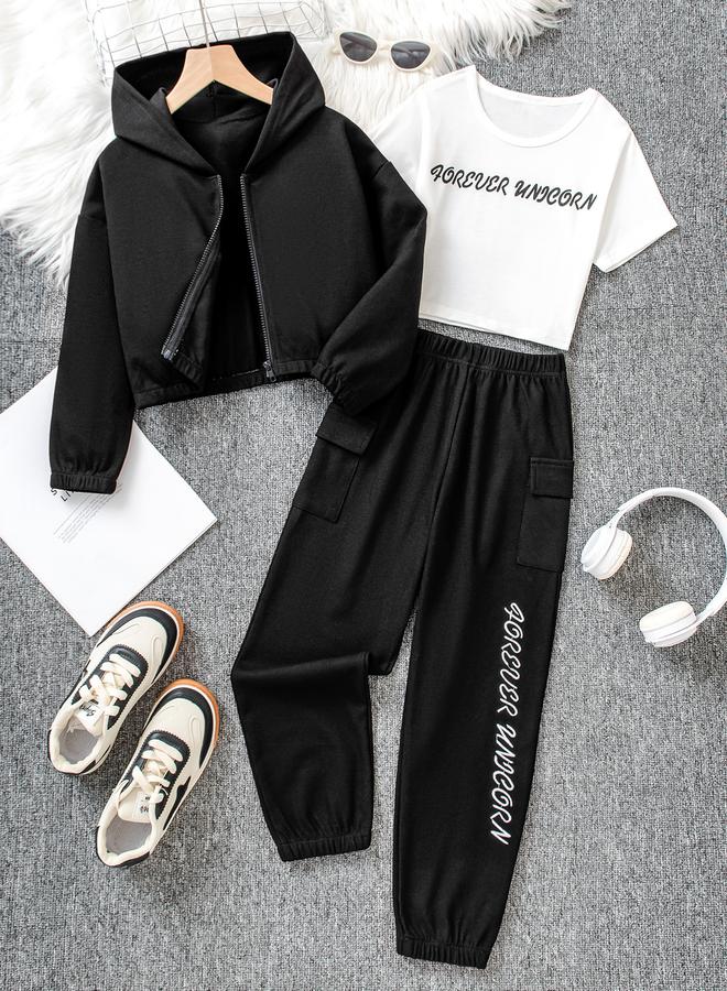 Take Two Girls Slogan Print T-Shirt and Joggers with Hoodie Set - Image 1