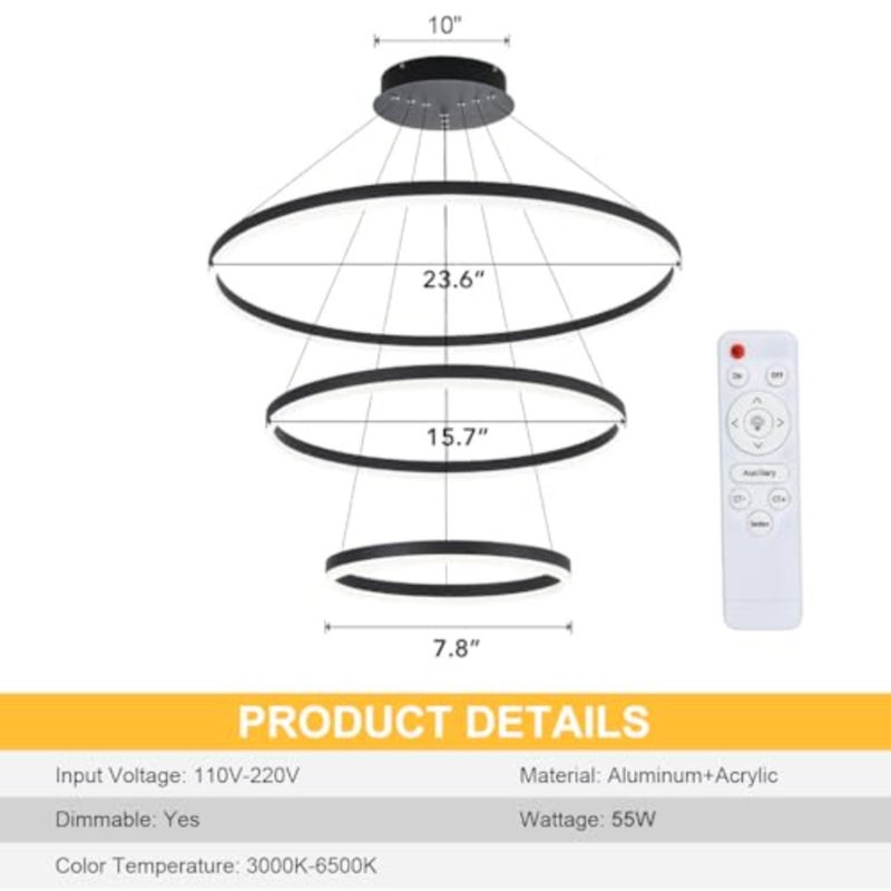 LED pendant light for living room, dining room, bedroom, hallway; metal and acrylic; black; dimmable and adjustable color temperature with remote control - Image 2